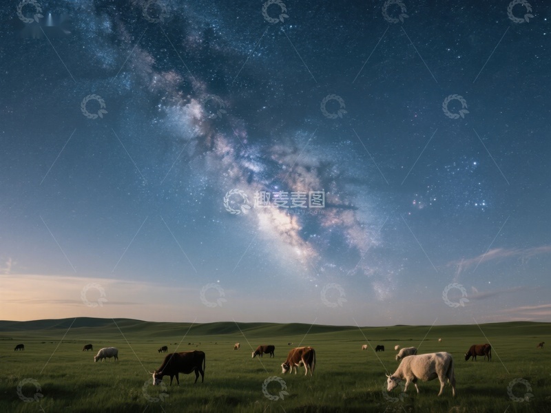 高清大图下载【趣麦麦图】星空下的草原牛群