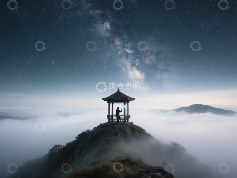 高清大图下载【趣麦麦图】山顶亭台夜观星河
