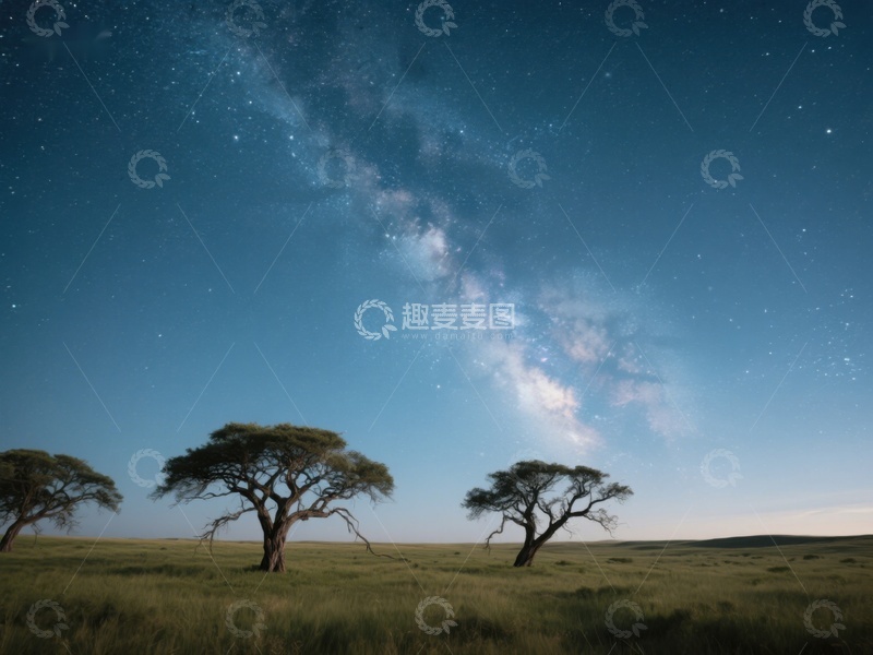 高清大图下载【趣麦麦图】星空下的草原与孤树