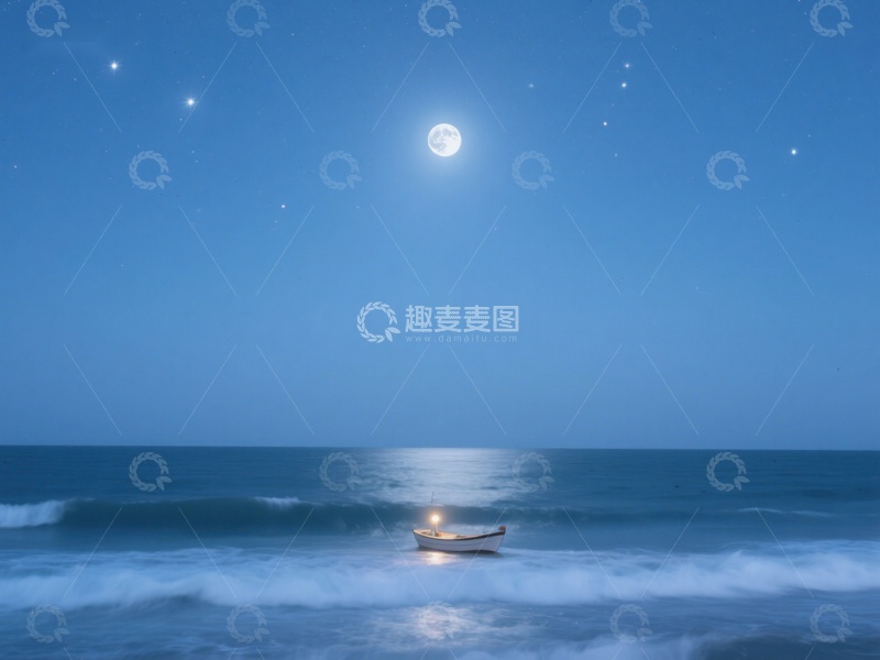 高清大图下载【趣麦麦图】月夜海上孤舟