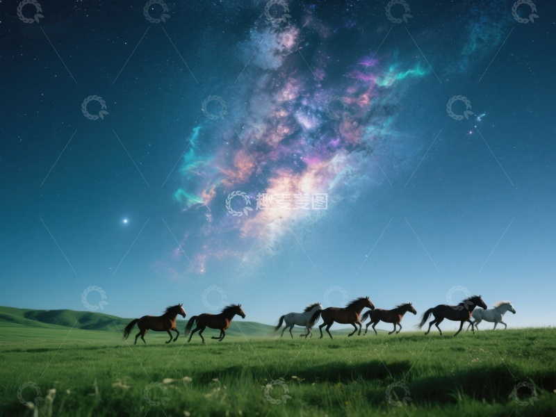 高清大图下载【趣麦麦图】夜空下奔跑的马群