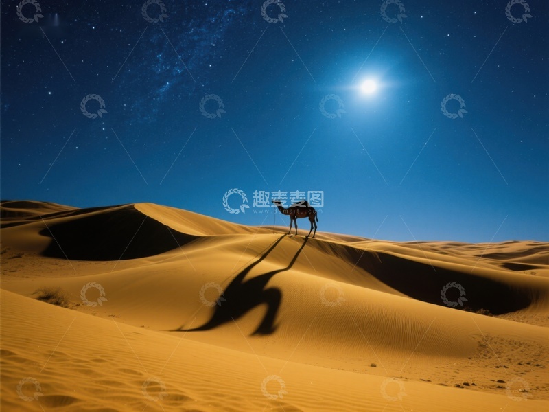 高清大图下载【趣麦麦图】月夜沙漠中的骆驼剪影