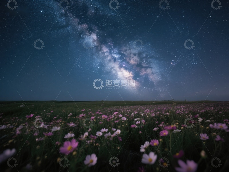 高清大图下载【趣麦麦图】银河下的花海夜景