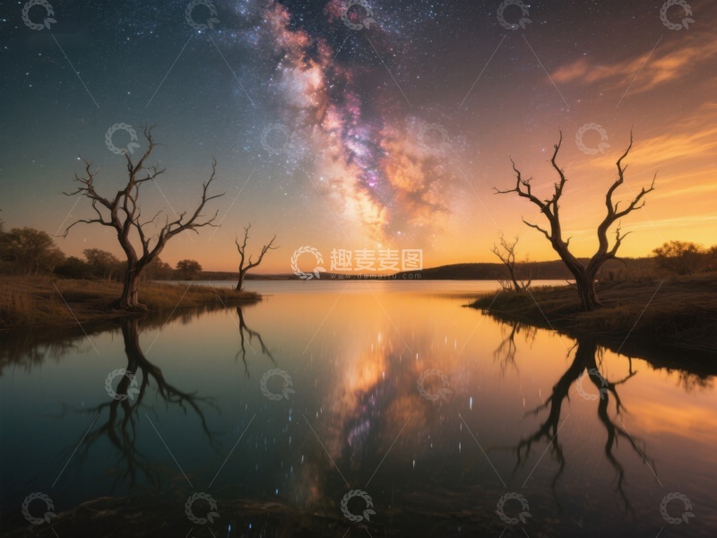 高清大图下载【趣麦麦图】银河映照湖面，枯树倒影如画