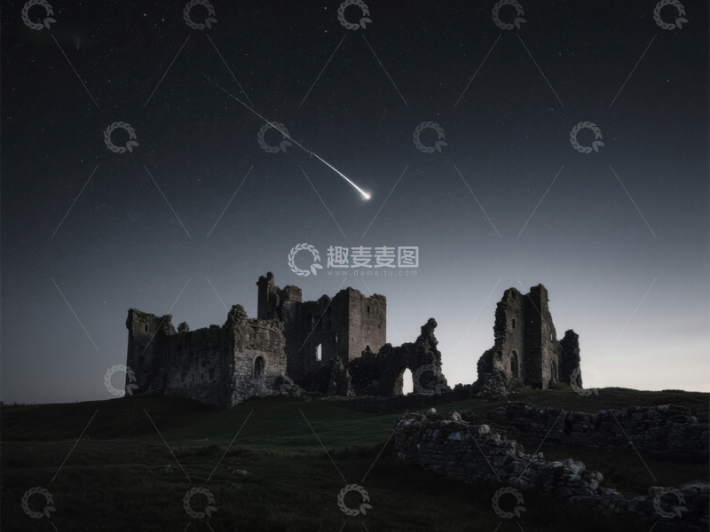 高清大图下载【趣麦麦图】流星划过夜空下的古堡遗迹