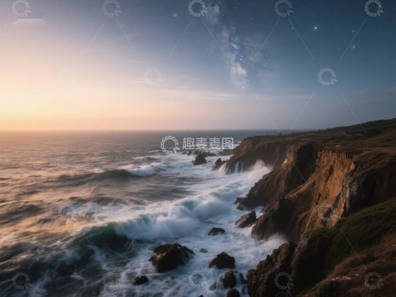 高清大图下载【趣麦麦图】夜幕下的海岸线与银河
