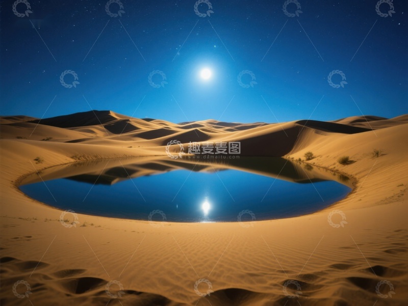 高清大图下载【趣麦麦图】沙漠夜景：月光下的水洼倒影