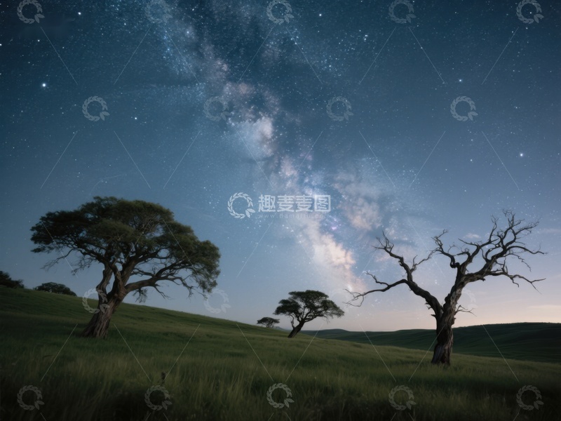 高清大图下载【趣麦麦图】星空下的草原与孤树