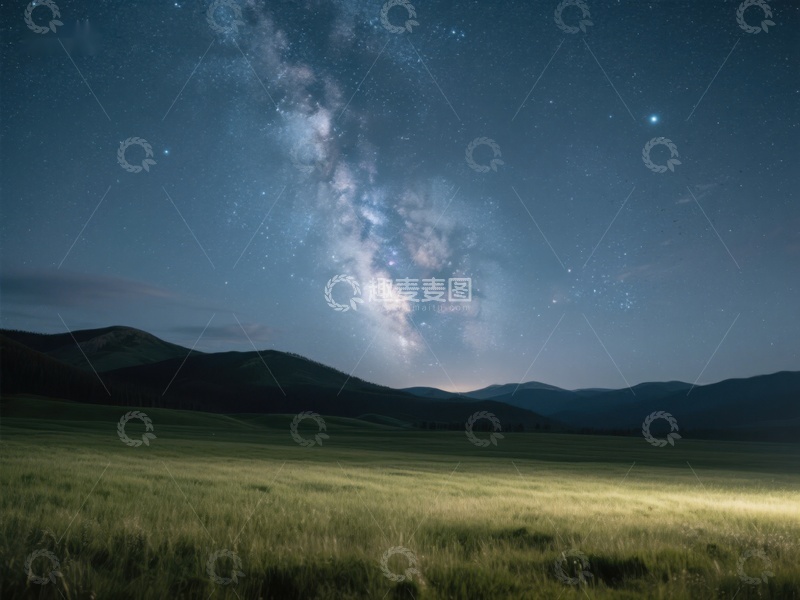 高清大图下载【趣麦麦图】夜空银河下的草原风光