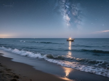 夜空下的海滩与孤舟