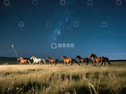 夜空下奔跑的马群