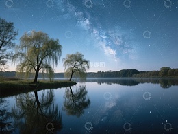 夜空下的湖畔垂柳