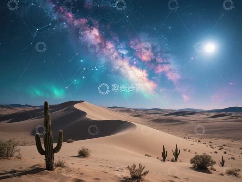 高清大图下载【趣麦麦图】沙漠夜景：星空下的仙人掌
