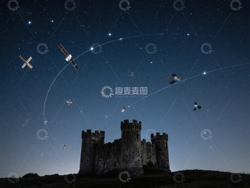 高清大图下载【趣麦麦图】-夜空下的古堡与卫星轨迹