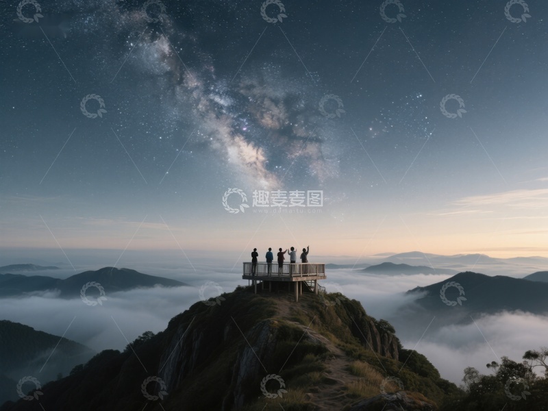 高清大图下载【趣麦麦图】山顶观星台上的星空与云海