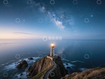 夜空下的灯塔与银河