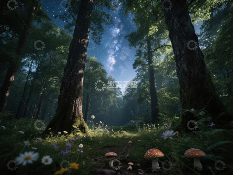 高清大图下载【趣麦麦图】森林中的蘑菇与野花