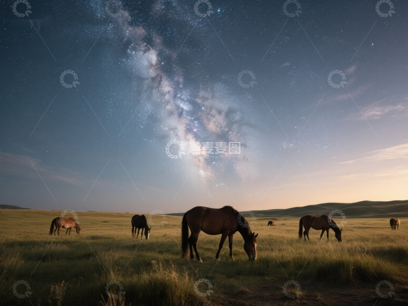 高清大图下载【趣麦麦图】星空下的草原牧马