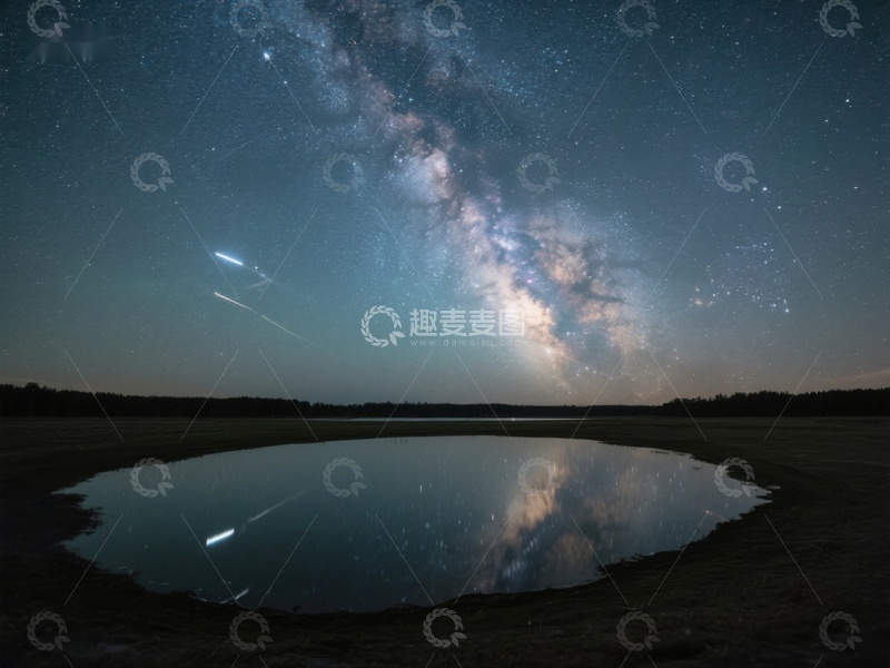 高清大图下载【趣麦麦图】银河倒映池塘，夜空流星划过