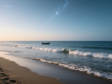 星空下的海滩与孤舟