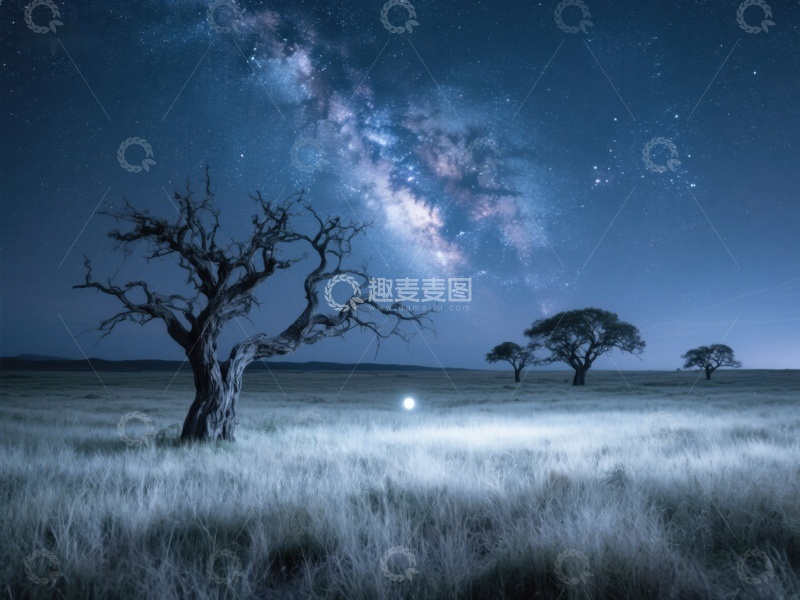 高清大图下载【趣麦麦图】夜空下的孤树与银河