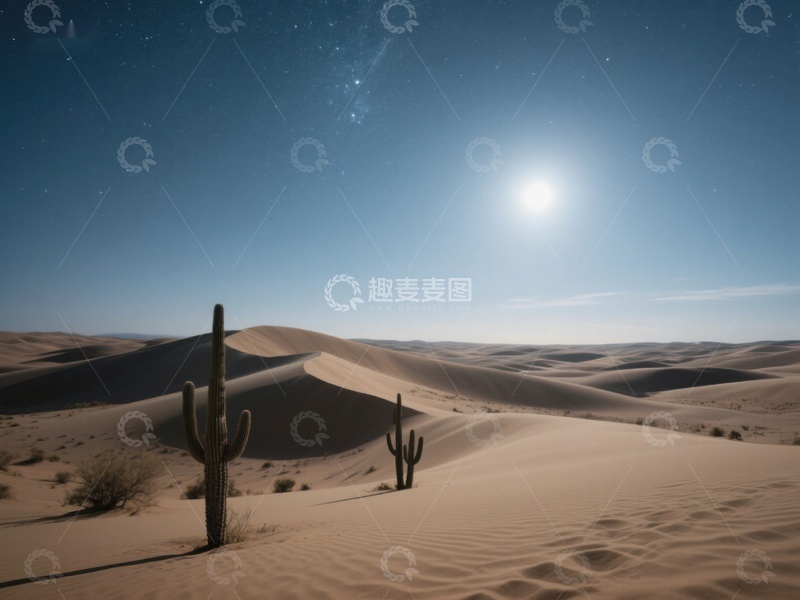 高清大图下载【趣麦麦图】月光下的沙漠与仙人掌