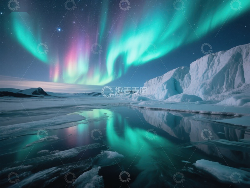 高清大图下载【趣麦麦图】极光映照冰川夜景