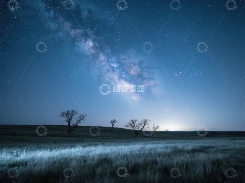 高清大图下载【趣麦麦图】夜空银河下的静谧草原