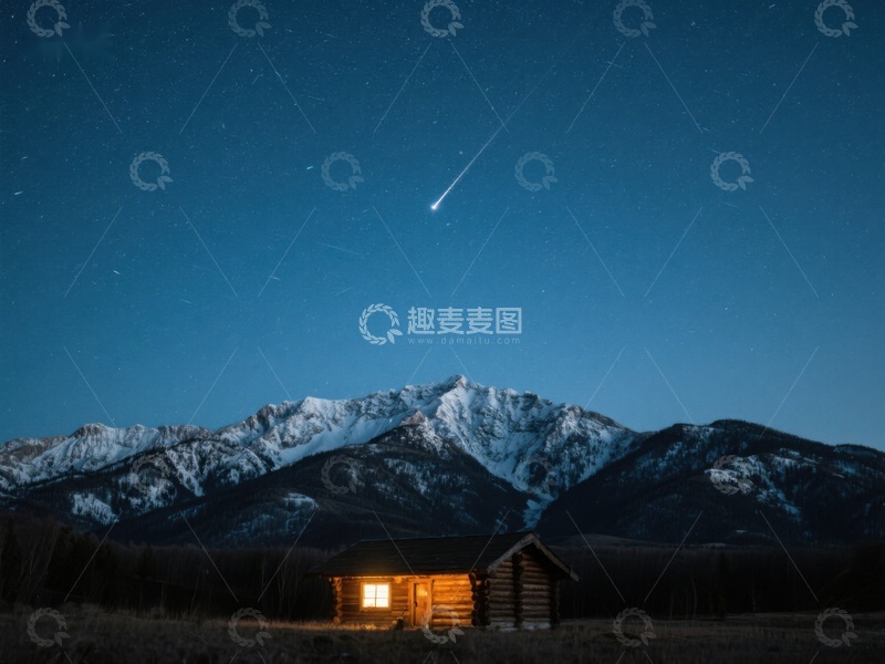 高清大图下载【趣麦麦图】夜空流星划过山间小屋