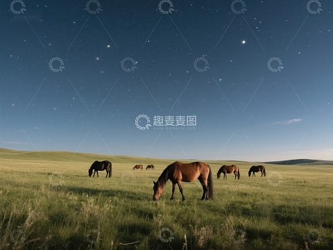 夜空下草原上的马群