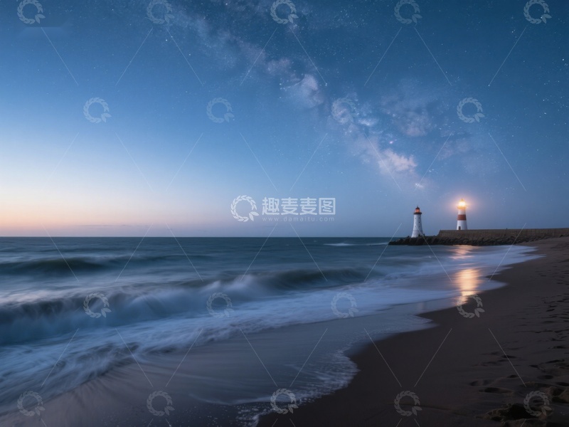 高清大图下载【趣麦麦图】夜幕下的灯塔与海滩