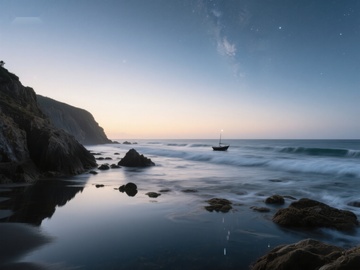 夜幕下的海岸与孤舟
