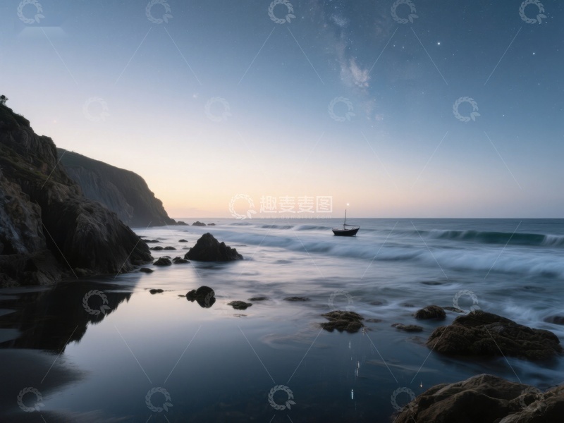 高清大图下载【趣麦麦图】夜幕下的海岸与孤舟