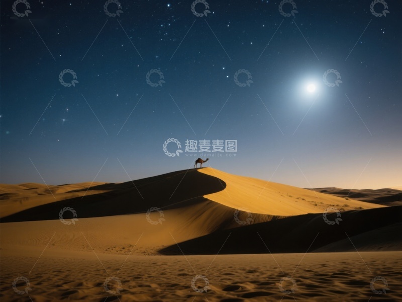 高清大图下载【趣麦麦图】月夜沙漠上的孤独身影