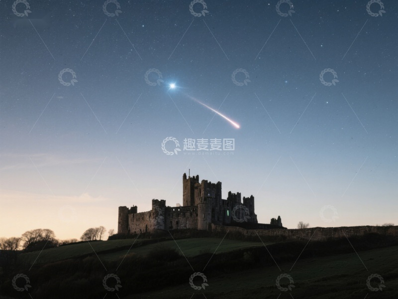 高清大图下载【趣麦麦图】夜空流星划过古堡剪影