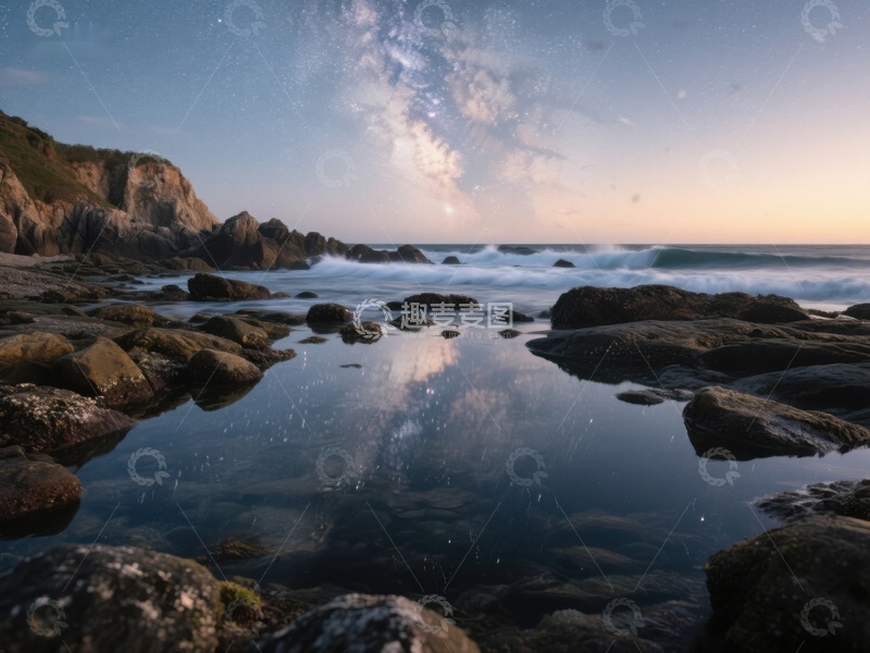 高清大图下载【趣麦麦图】星空下的海岸岩石倒影