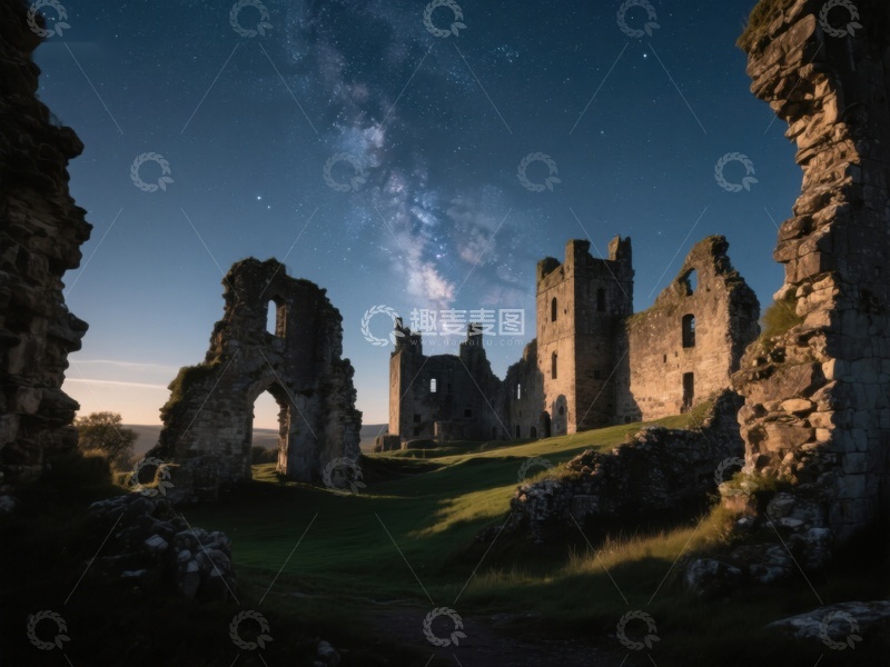 高清大图下载【趣麦麦图】星空下的古老城堡遗迹