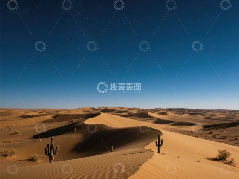 高清大图下载【趣麦麦图】夜幕下的沙漠沙丘与仙人掌