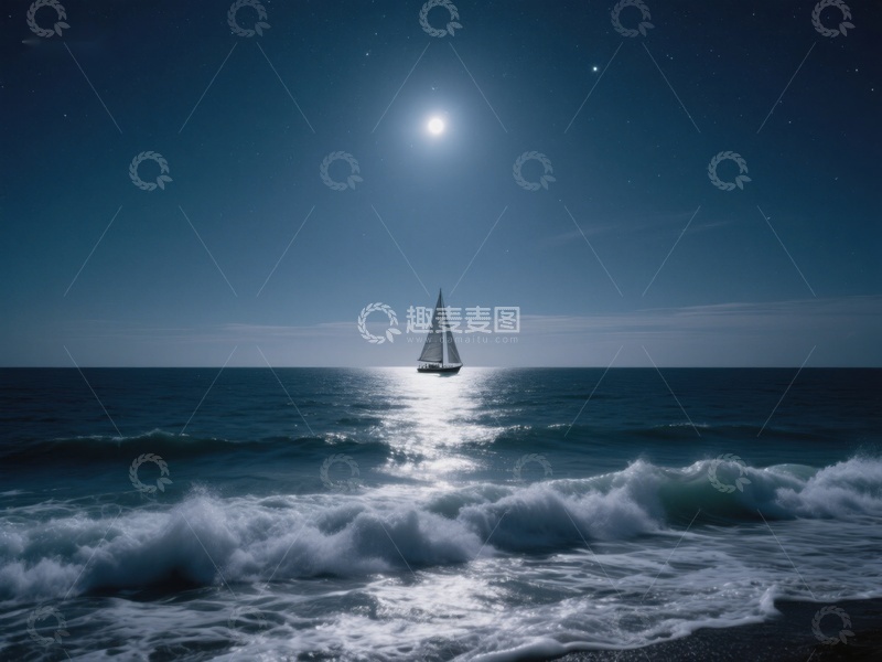 高清大图下载【趣麦麦图】月夜海上孤帆