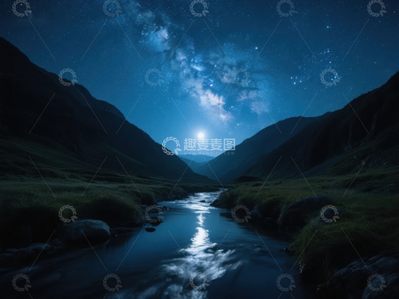高清大图下载【趣麦麦图】星河璀璨，山谷溪流夜景