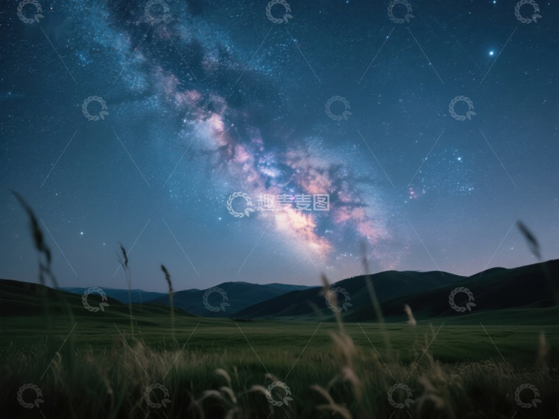 高清大图下载【趣麦麦图】银河横跨夜空，草原静谧如梦