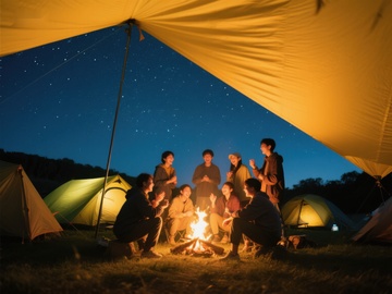 夜晚露营，篝火旁的欢聚时刻