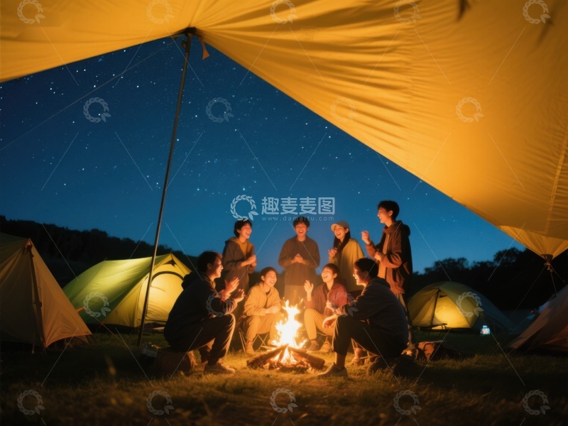高清大图下载【趣麦麦图】夜晚露营，篝火旁的欢聚时刻