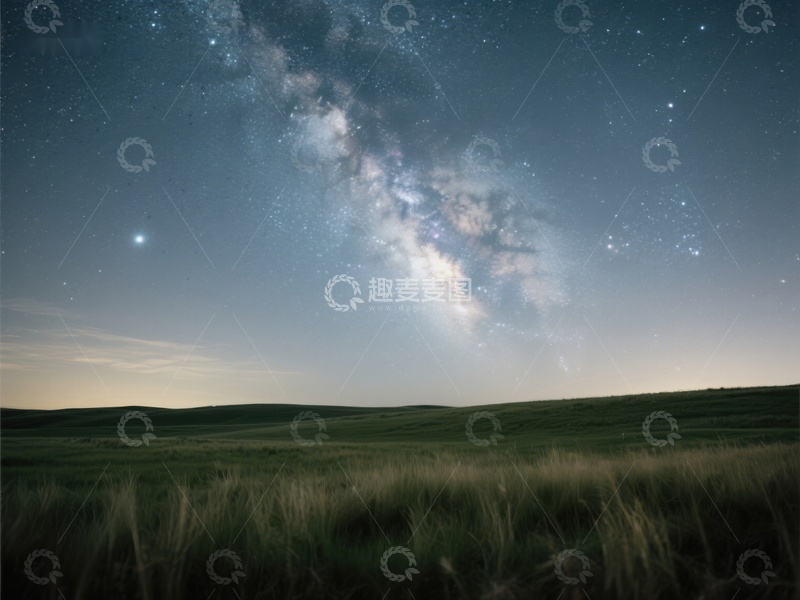 高清大图下载【趣麦麦图】银河横跨夜空，草原静谧无垠