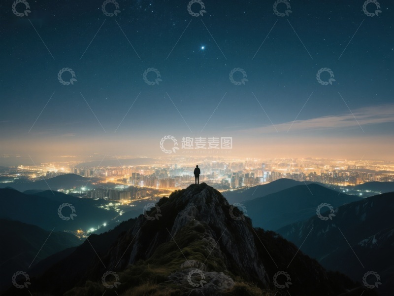 高清大图下载【趣麦麦图】夜空山顶俯瞰城市灯火