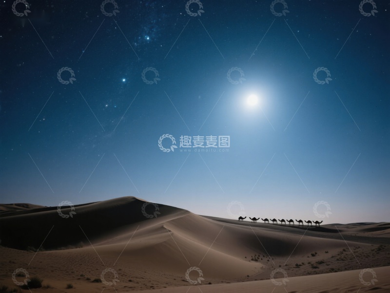 高清大图下载【趣麦麦图】沙漠夜景：驼队在星空下前行