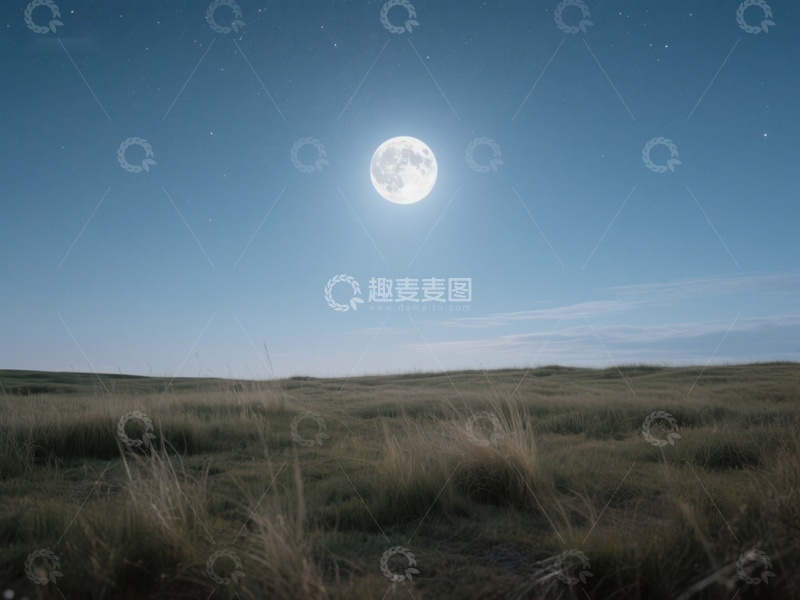 高清大图下载【趣麦麦图】-满月高悬于宁静草原之上