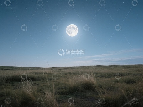 满月高悬于宁静草原之上