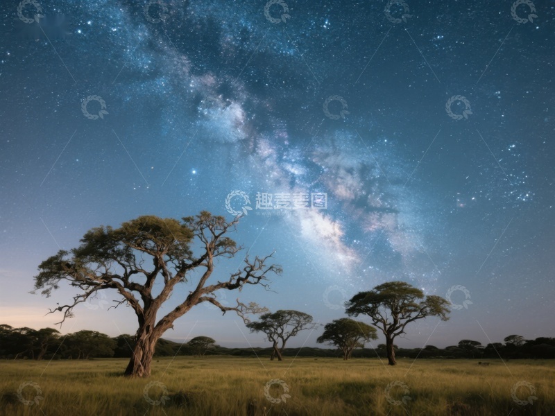 高清大图下载【趣麦麦图】星空下的草原与孤树
