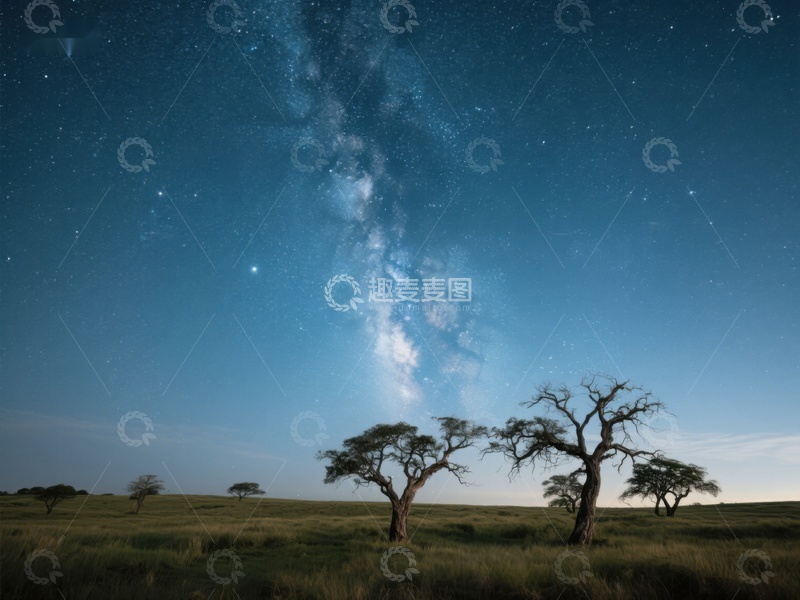 高清大图下载【趣麦麦图】星空下的草原与孤树